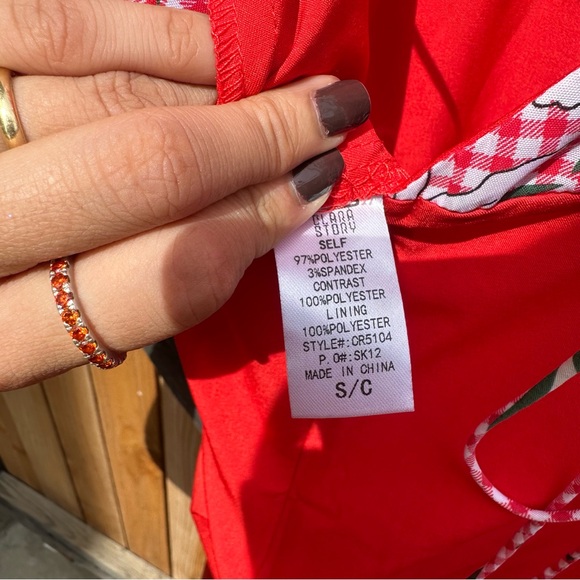 Clara Story Red Strappy Bustier Wide Leg Jumpsuit Floral Gingham Print Top Small - Picture 8 of 8